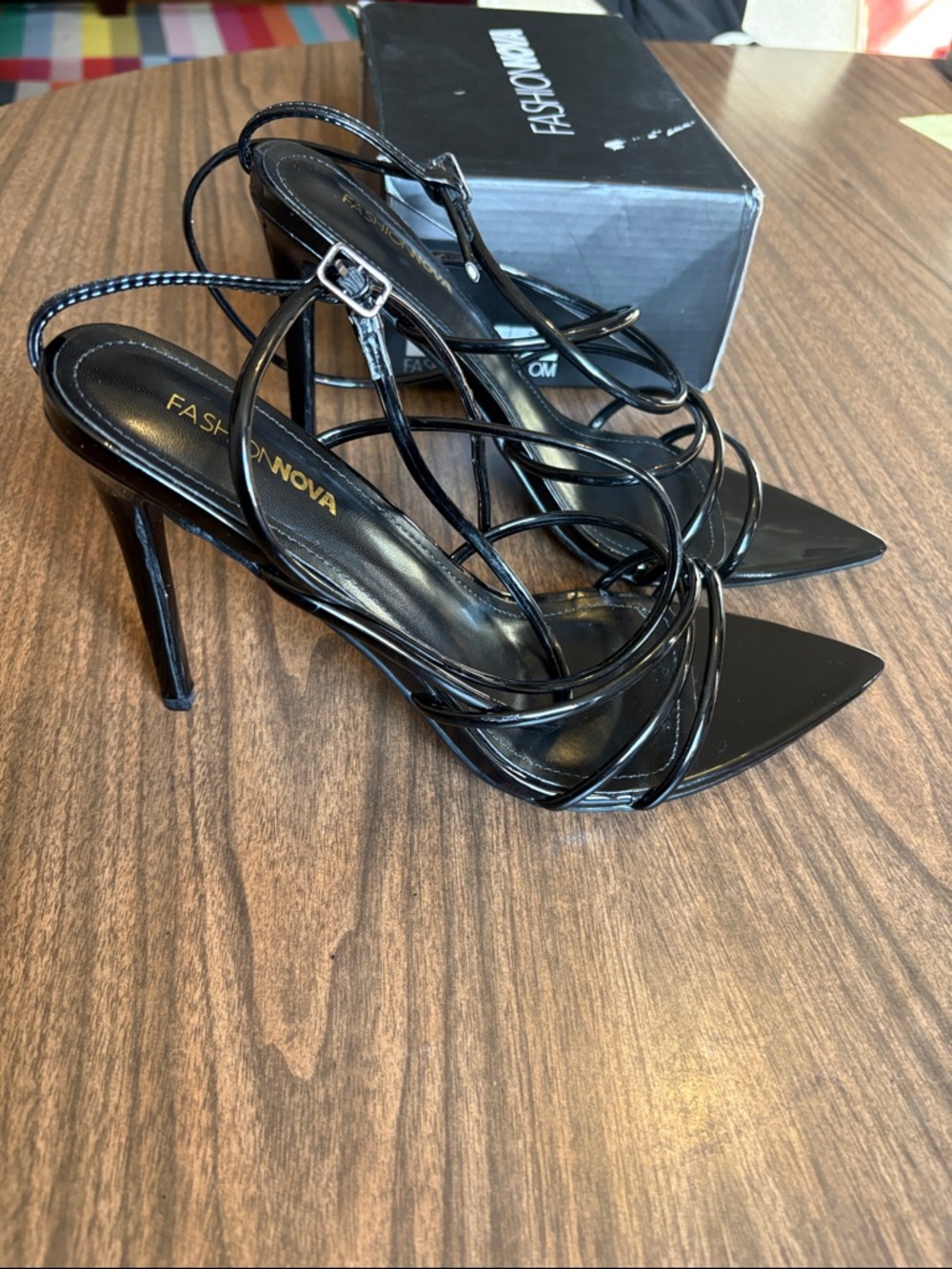 NWOT Fashion Nova Size 11 ADA Black Strappy Pointed Stiletto Heels